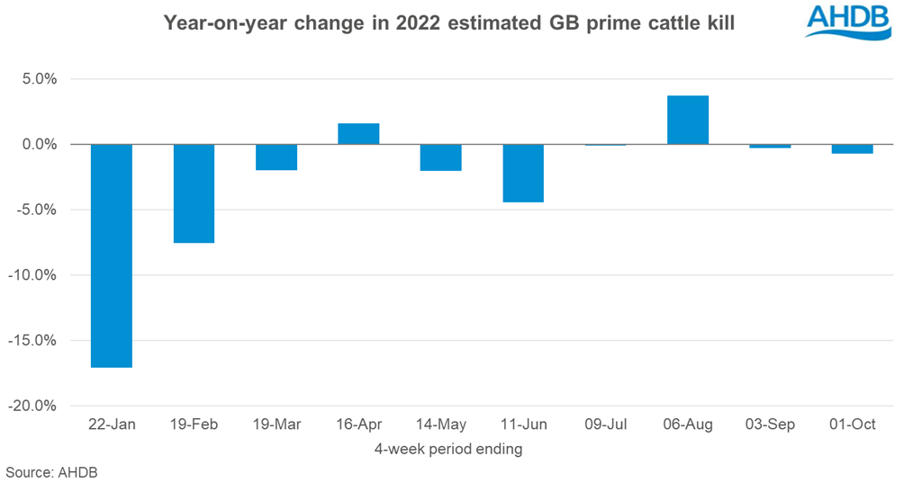 bar chart showing year on year change in prime cattle kill